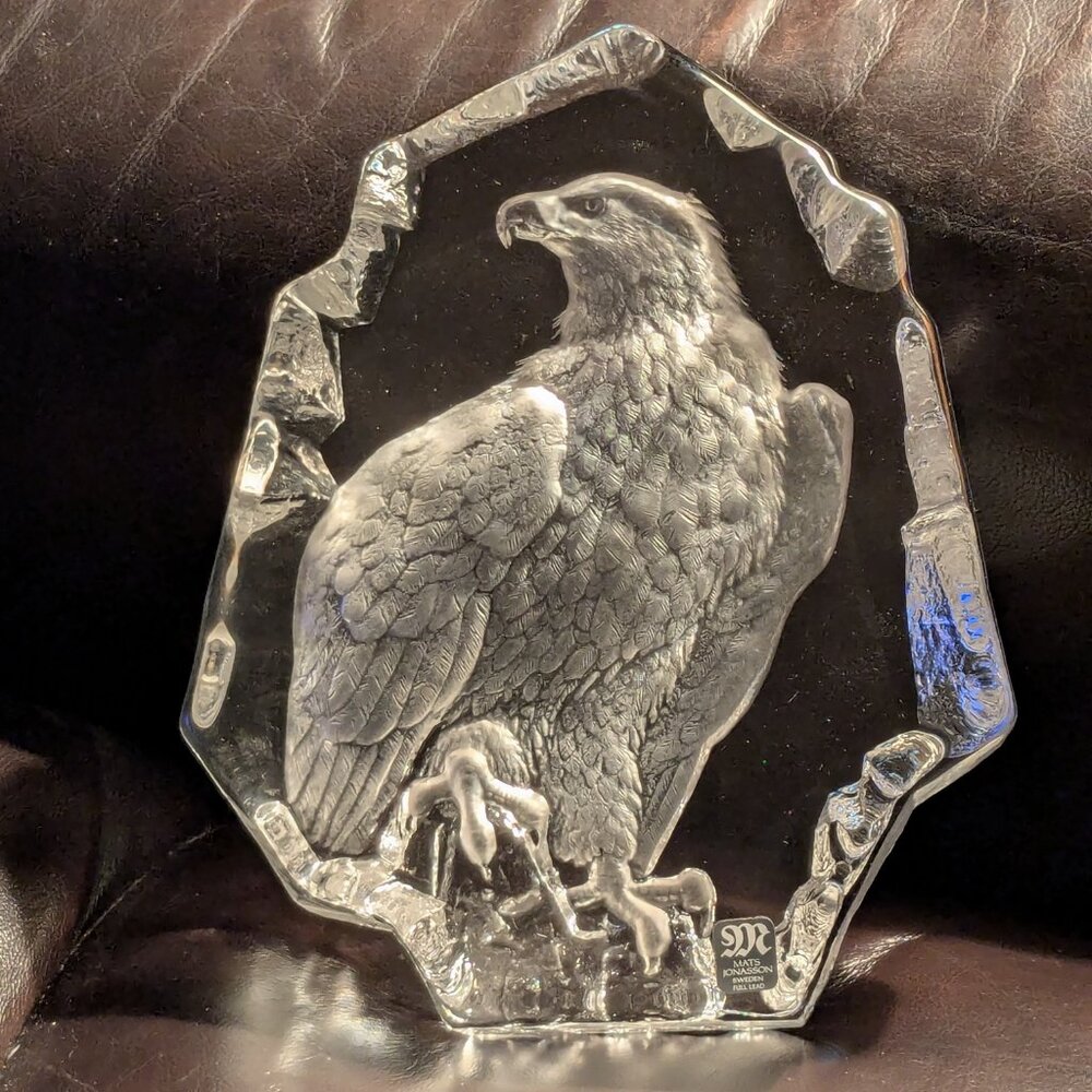 Mats Jonasson Lead Crystal Bald Eagle 7.5" Paperweight Sculpture Signed Sweden